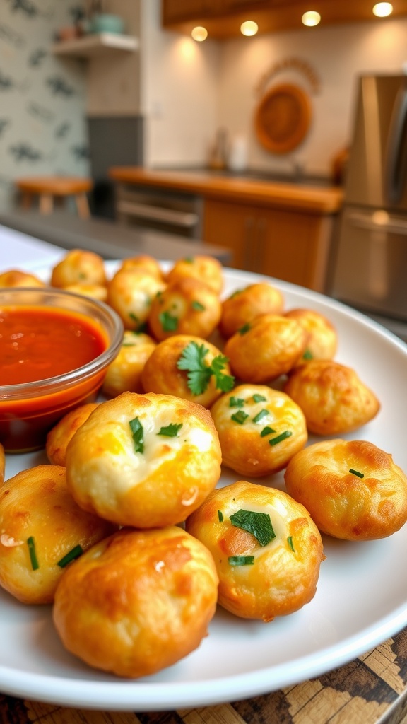 Savory cheese and herb snack bites on a plate with parsley garnish and dipping sauce.